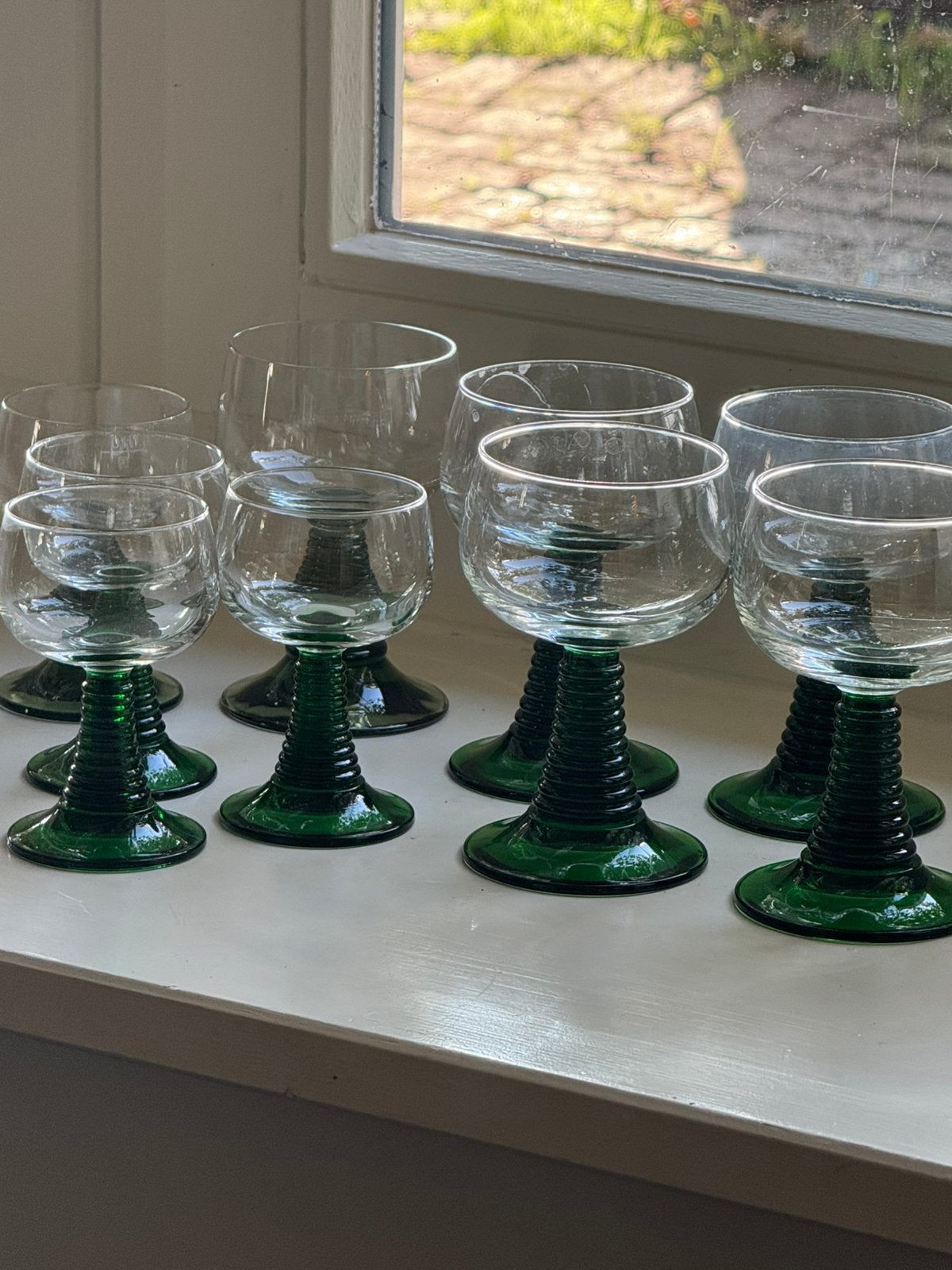 9 vintage roemer wijnglazen / groen glas – 2 maten, Ophalen of Verzenden, Zo goed als nieuw, Overige typen