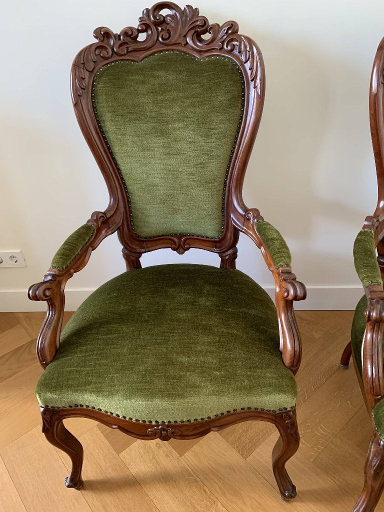 Twee antieke Horrix stoelen – groen mohair, Antiek en Kunst, Antiek | Meubels | Stoelen en Banken, Ophalen