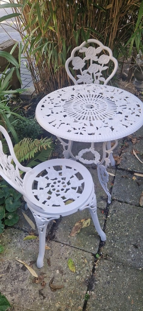 Stijlvol bistrosetje+gedetailleerd bloemenpatroon (brocante), Gebruikt, Aluminium, Stoel, Tuinset