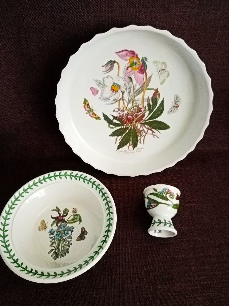 Portmeirion flan dish, eierdop en schaaltje, Botanic Garden, Gebruikt, Overige merken, Ophalen of Verzenden, Schaal of Schalen