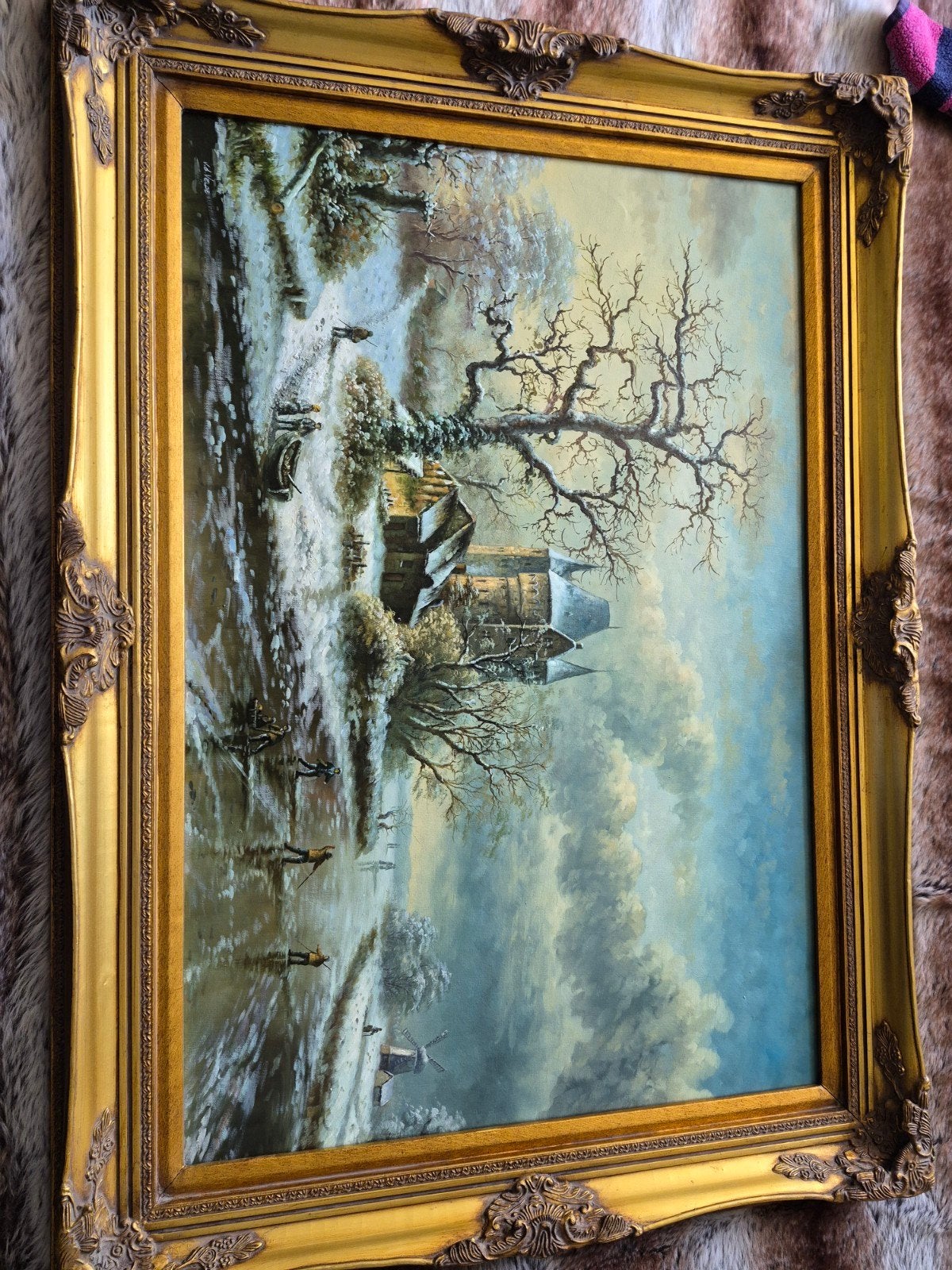Schilderij Winterlandschap met Kasteel en Schaatsers, Ophalen, Doek, Landschap, Olieverf