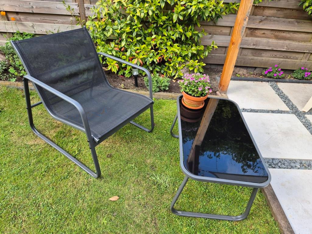 Tuinstoel met bijzettafel - Aluminium, glas en textileen, Tuin en Terras, Tuinsets en Loungesets, Gebruikt, Tuinset, Aluminium