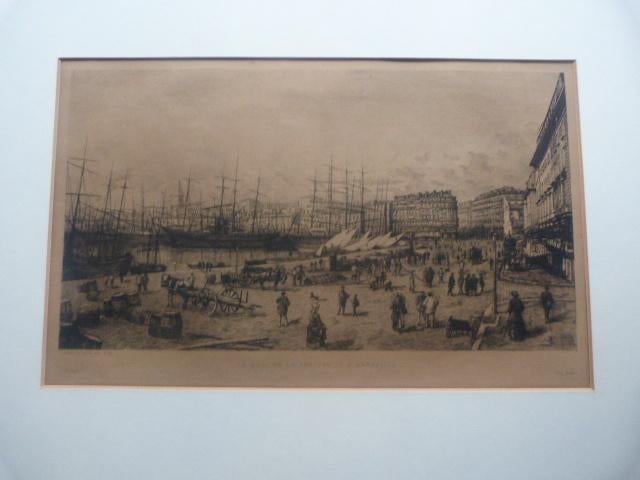 Franse ets  -  de kade van Marseille., Antiek en Kunst, Kunst | Etsen en Gravures, Ophalen of Verzenden, Stadsgezicht, Ets, 1900 - 1949