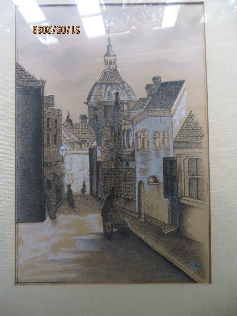Mooie pasteltekening van een straatje met kerk ??, Expressionistisch, Ophalen of Verzenden, Pastel, Papier