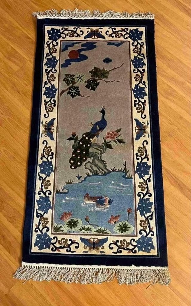 Pine & Crane zijden Chinees tapijt 122/62, 100 tot 150 cm, Blauw, Djt@dejuistetoon.eu, Zo goed als nieuw
