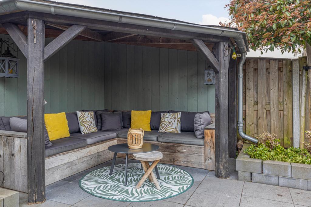Steigerhouten hoekbank 270x270cm met kussens, Tuin en Terras, Tuinsets en Loungesets, Ophalen, Gebruikt, Steigerhout, Loungeset