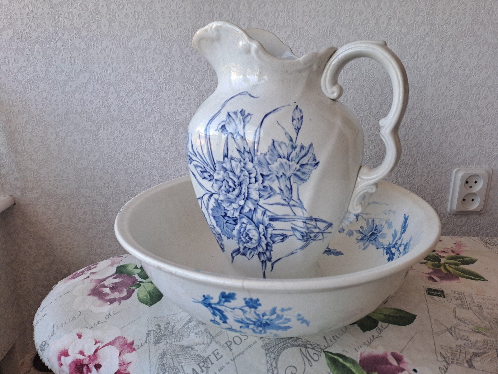 Vintage Lampetschaal Maastricht en Lampetkan Blauwe Bloem, Ophalen of Verzenden