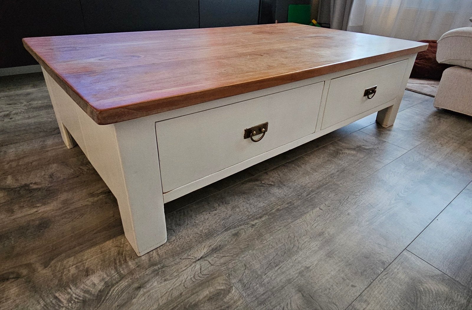 Stevige teakhouten salontafel met 4 lades, Huis en Inrichting, Tafels | Salontafels, Ophalen, Gebruikt, 100 tot 150 cm, Teakhout