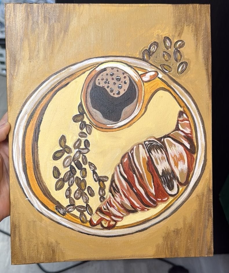 Schilderij Koffie en Croissant, Acrylverf, Doek, Realistisch, Stilleven