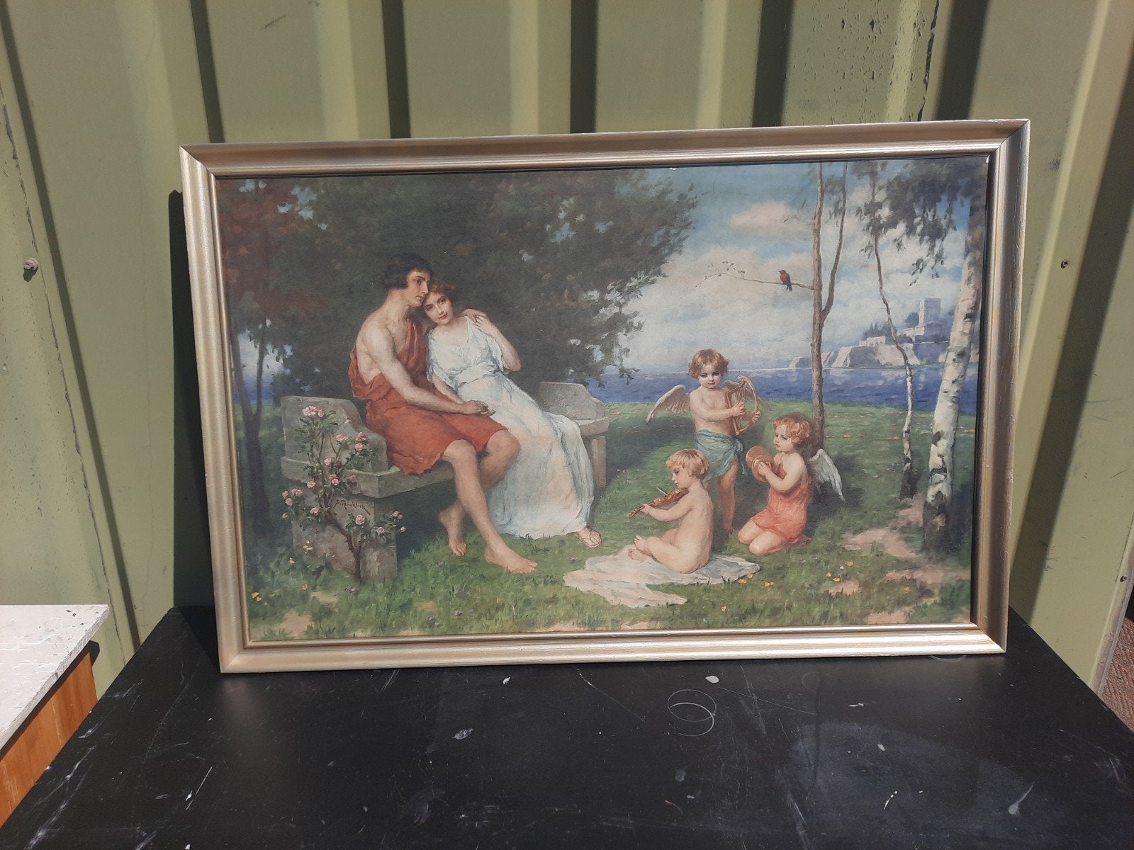 Romantisch schilderij: geliefden met engeltjes, Achter glas, Portret of Personen, Ophalen of Verzenden, Klassiek