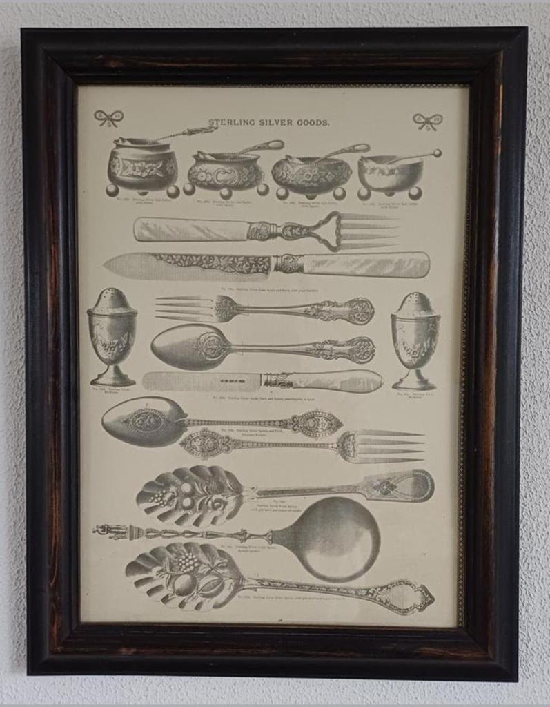 Prent Sterling Zilver Bestek & Servies - Ingelijst, Antiek en Kunst, Kunst | Tekeningen en Foto's, Ophalen of Verzenden