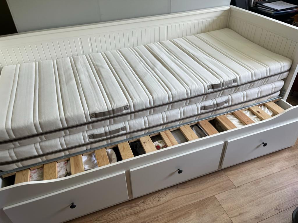 IKEA HEMNES Bedbank met 3 lades, wit, inclusief matrassen, Ophalen, Gebruikt, Wit, Tweepersoons
