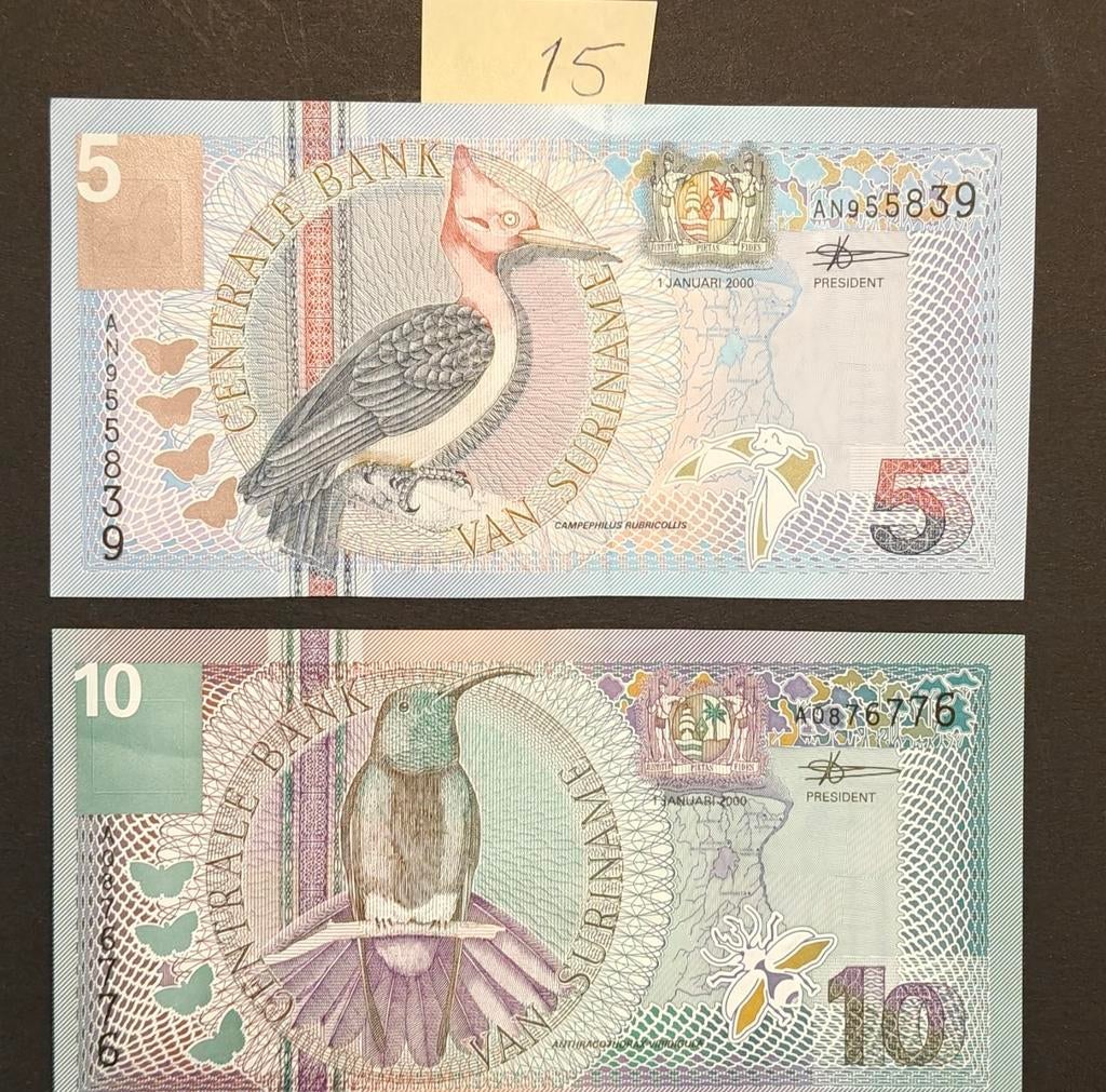 Suriname 5 en 10 gulden 2000 vogelserie, Ophalen of Verzenden, Overige landen, 10 euro, Setje