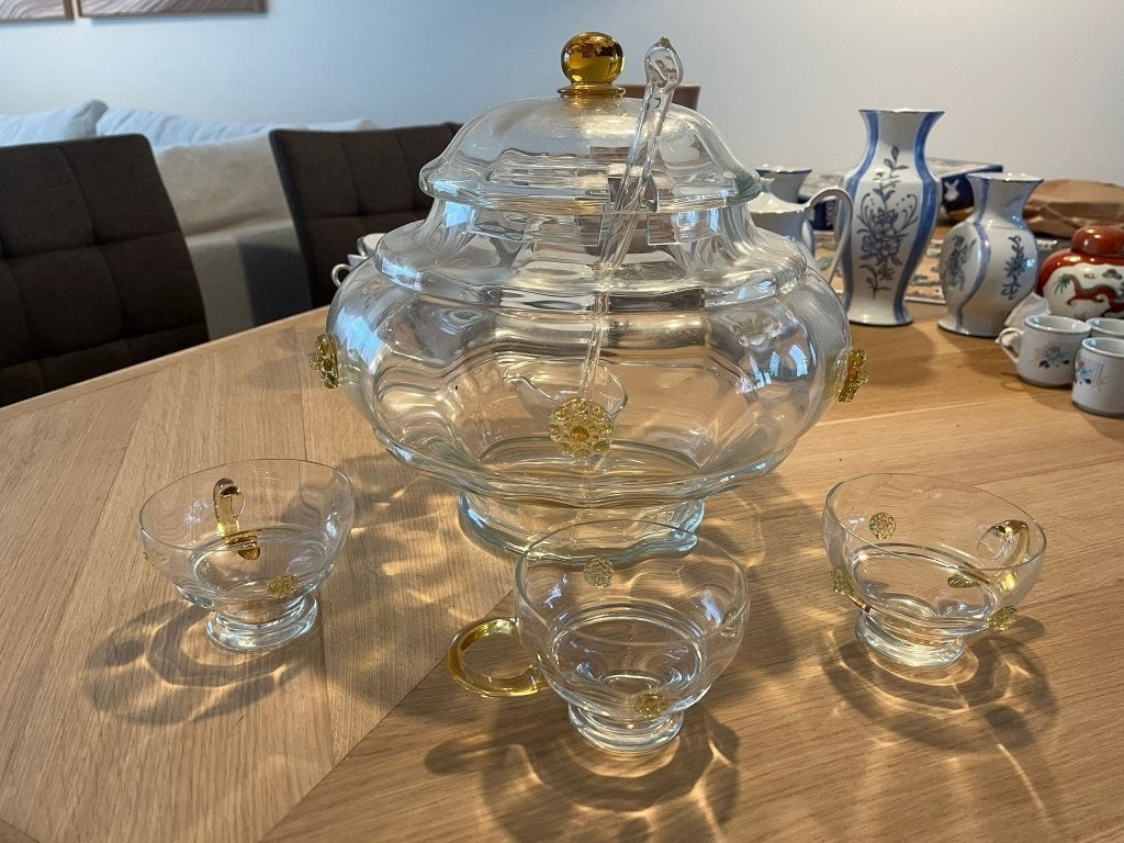Vintage Glazen Bowlset met Amberen Details & Kopjes, Ophalen of Verzenden