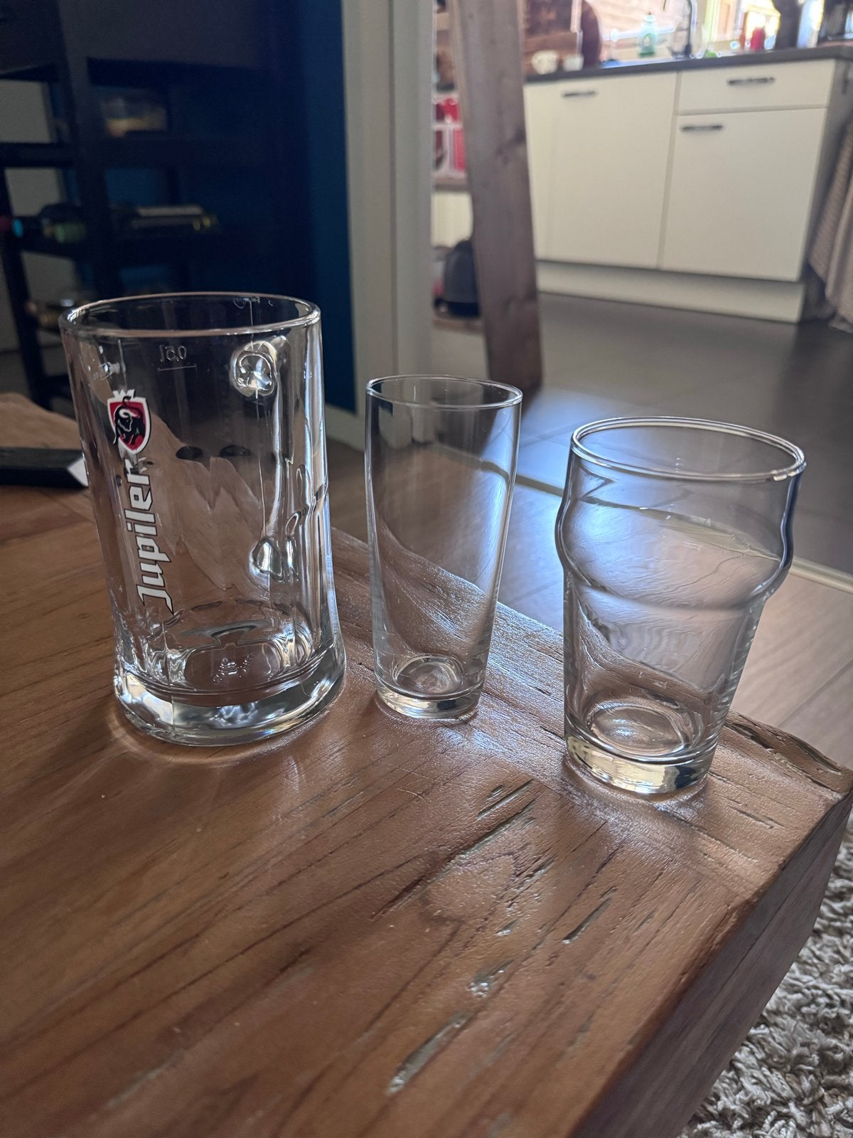 Set van 3 diverse glazen (Jupiler pul, fluitje en boerenglas, Ophalen, Gebruikt, Pul(len), Jupiler