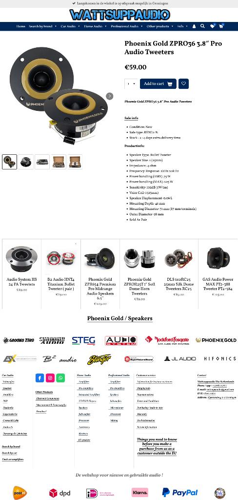 Phoenix Gold ZPRO36 3.8″ Pro Audio Tweeters, Hifi-Focus, Aalsmeerderweg 173 1432 CL, Aalsmeer, Nieuw, Ophalen of Verzenden