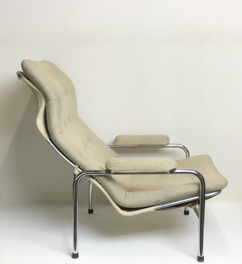 Vintage lounge chair, staal buis met canvas en verstelbaar, Ophalen, 75 tot 100 cm, Zo goed als nieuw, Stof