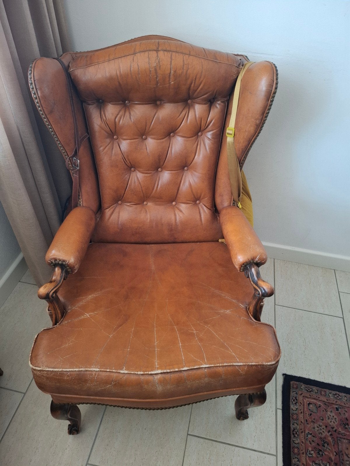 Vintage Leren Chesterfield Fauteuil - Oorfauteuil, Antiek en Kunst, Ophalen