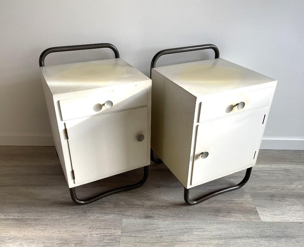 Set van twee nachtkastjes Bauhaus stijl, jaren '50 vintage, Ophalen, Gebruikt, Minder dan 45 cm, 55 tot 70 cm
