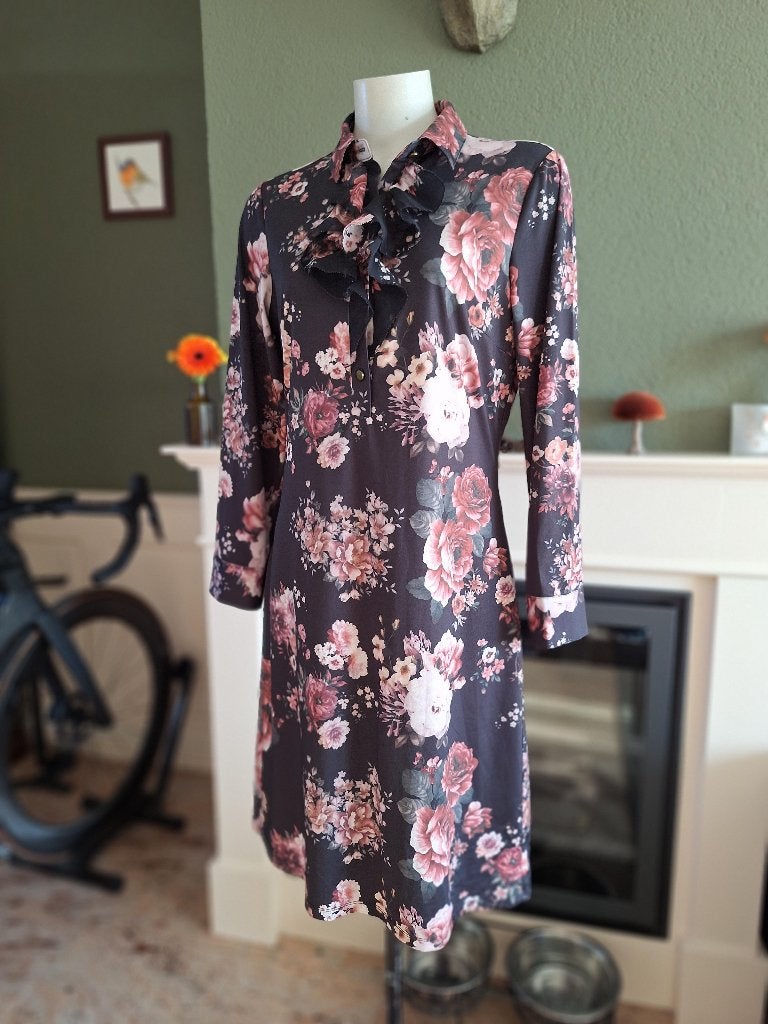 K-Design k design zwart roze bloemen jurk S 36, K-design, Verzenden, Zwart, Zo goed als nieuw