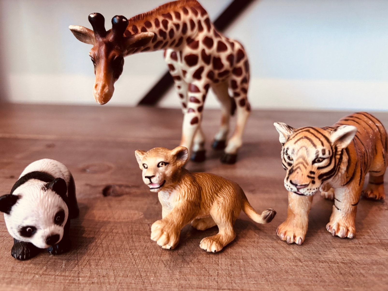 Schleich dieren: giraffe, tijger, leeuwen welp en panda., Ophalen of Verzenden, Gebruikt, Wild dier, Beeldje of Figuurtje