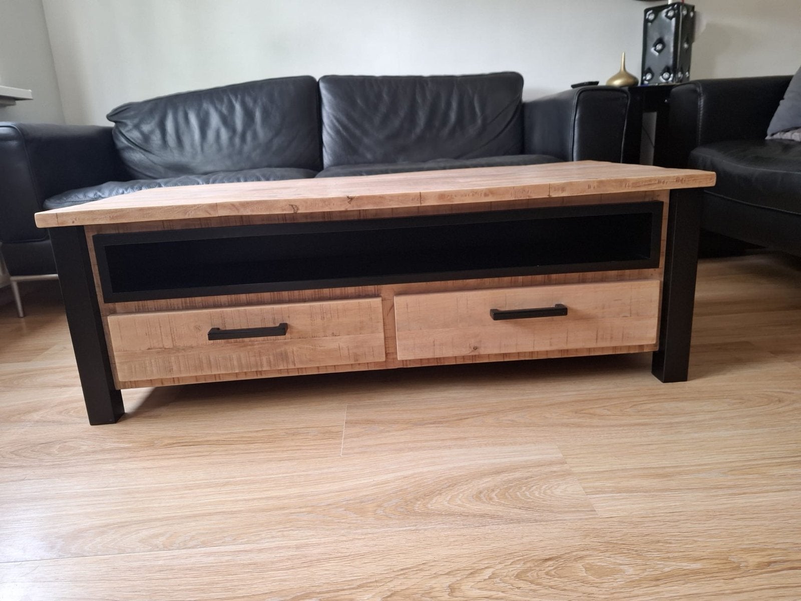 Salontafel van mangohout met lades, Huis en Inrichting, Tafels | Salontafels, Ophalen, Gebruikt, 100 tot 150 cm, 50 tot 100 cm