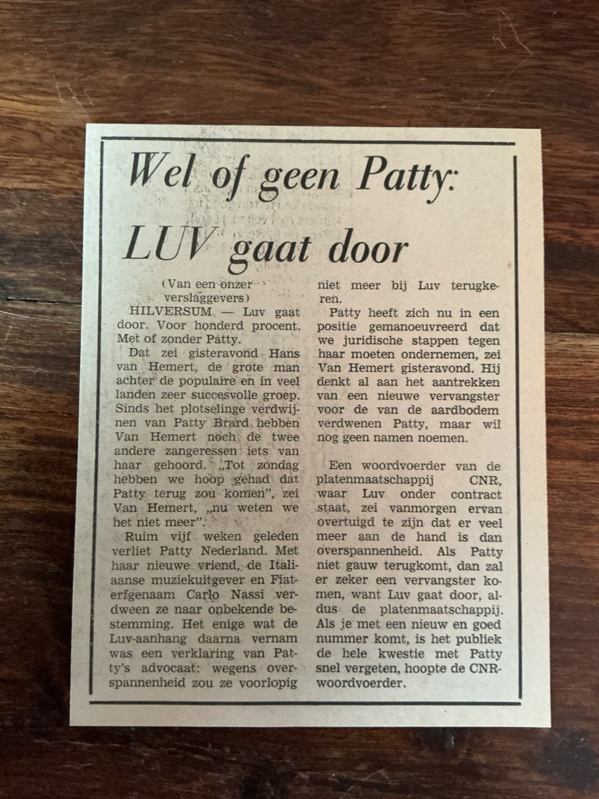 Krantenartikel LUV augustus 1980 wel of geen Patty LUV gaat, Verzamelen, Ophalen of Verzenden, Knipsel(s)