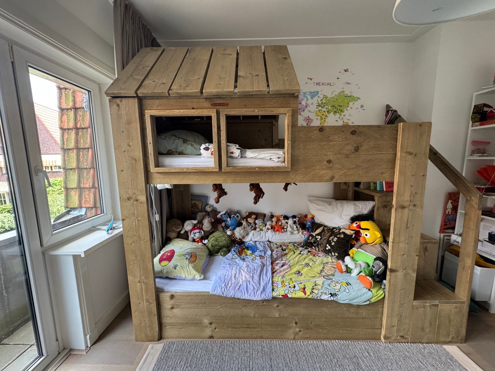 Prachtig Steigerhout huisje stapelbed!, Ophalen, Zo goed als nieuw, Hoogslaper