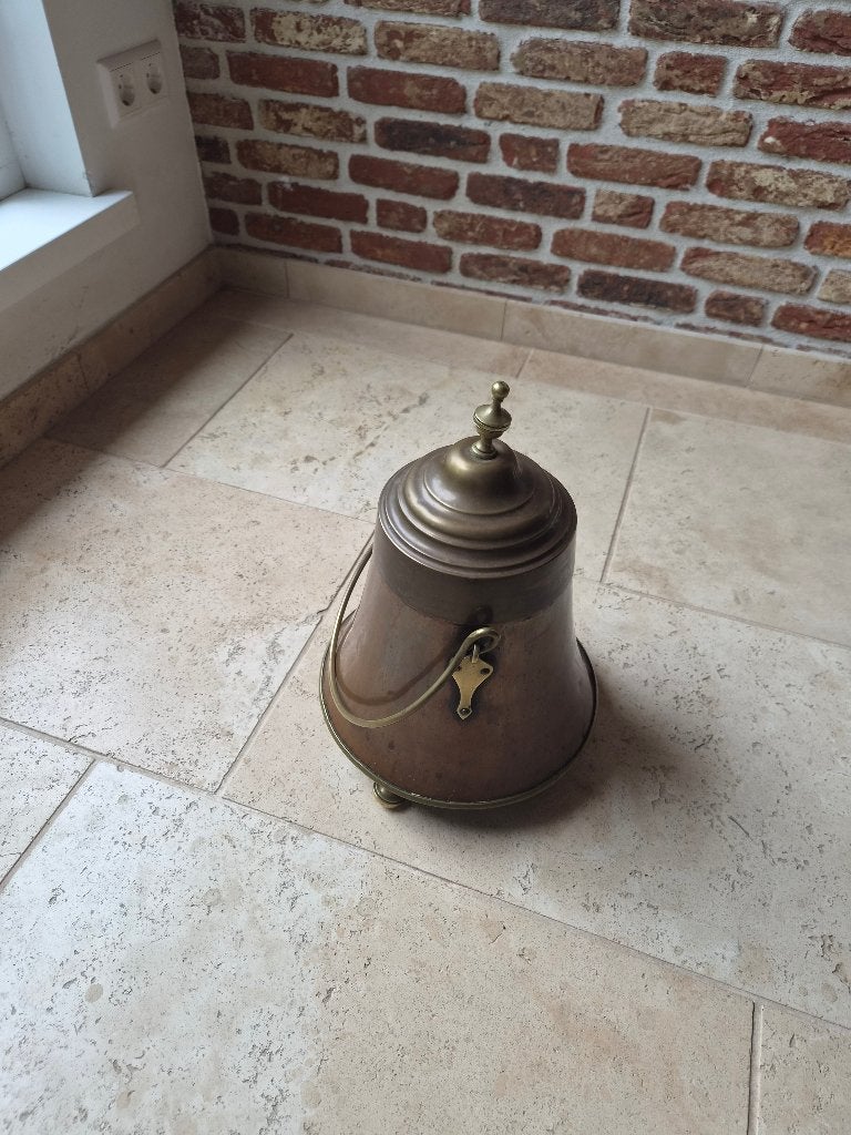 Antieke Koperen Kolenemmer met Bronzen Deksel, Ophalen, Koper