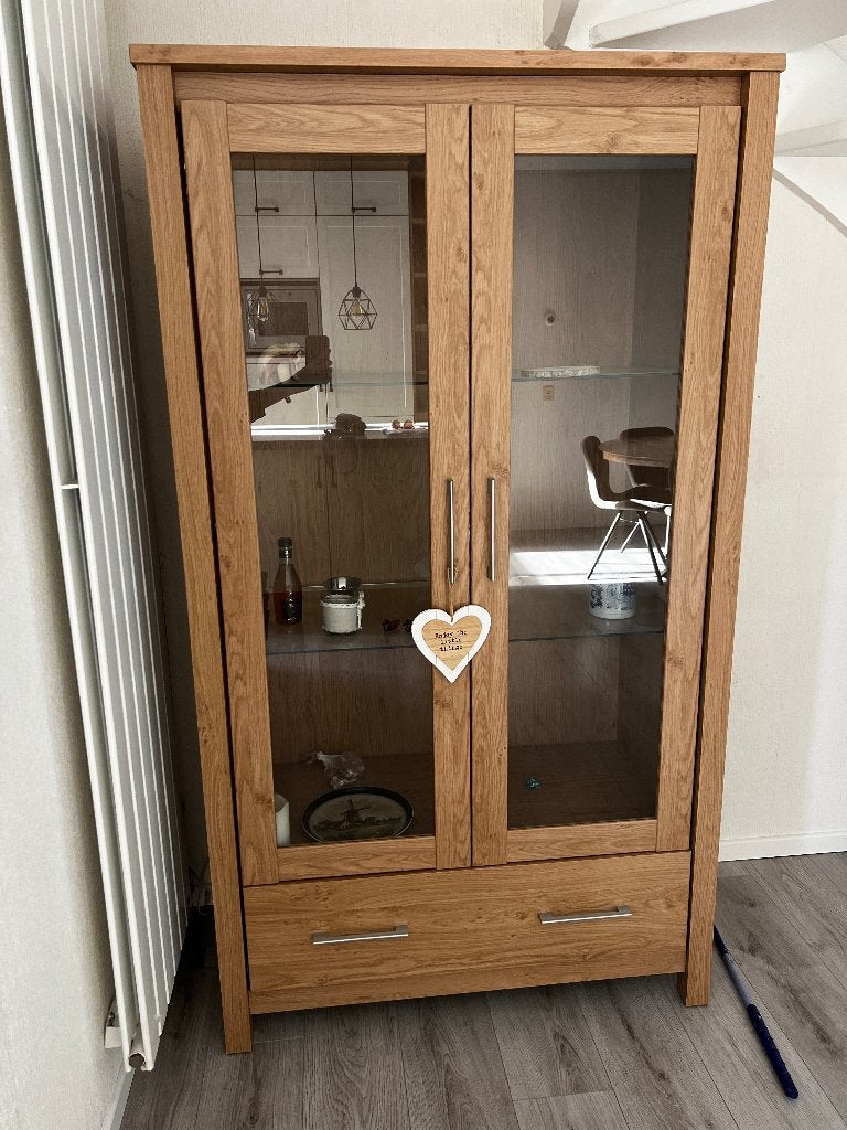 Eiken houten vitrinekast, Ophalen, Gebruikt, Met lade(s), 150 tot 200 cm
