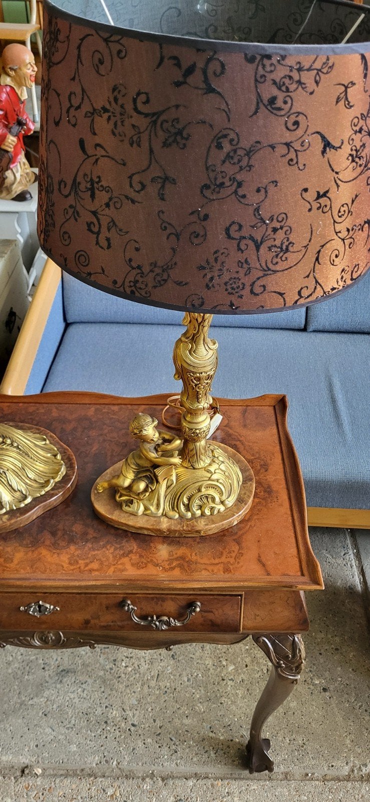 Antieke bronzen/messing tafellamp met marmeren, Ophalen of Verzenden