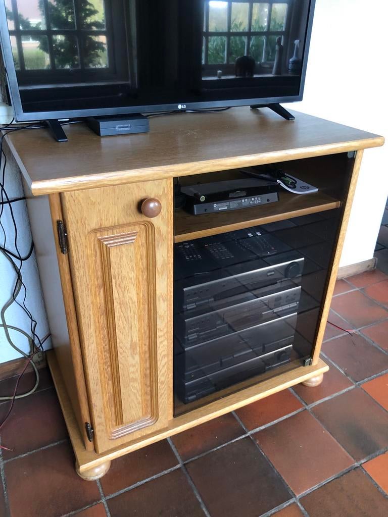 Houten TV/stereokastje met 3 opbergvakken, Ophalen, Gebruikt, 50 tot 100 cm, Minder dan 100 cm