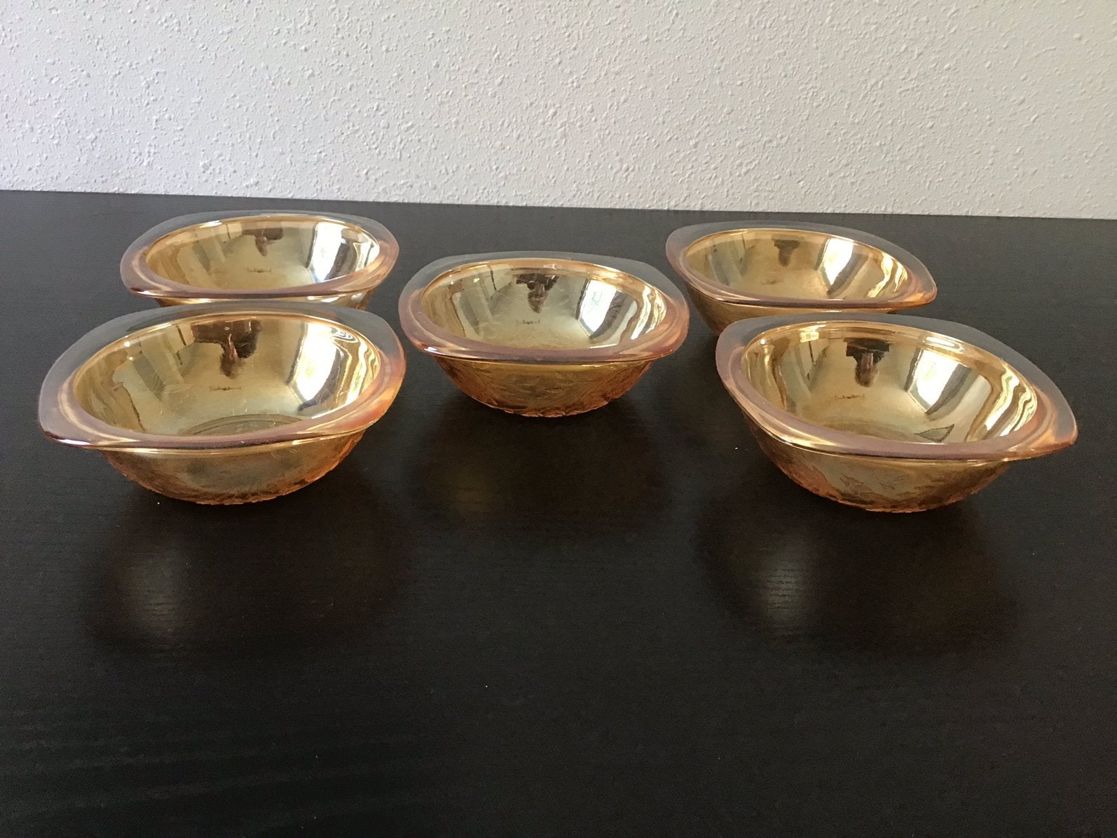 5 schaaltjes, dessert bakjes. Roze Jeannette glas., Antiek en Kunst, Ophalen of Verzenden