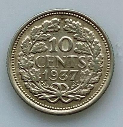 Zilveren 10 cent /Dubbeltje Nederland Wilhelmina 1937, Verzenden, Koningin Wilhelmina, 10 cent, Losse munt