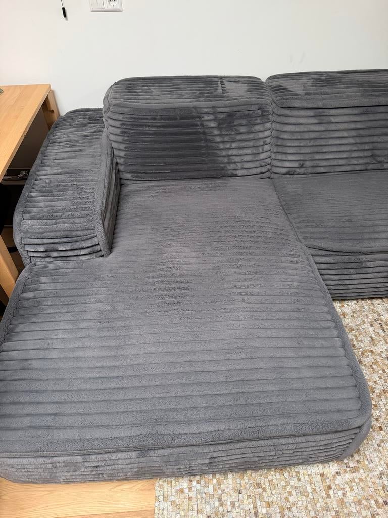 Grijze Teddy ribstof hoekbank, Huis en Inrichting, Ophalen, 250 tot 300 cm, 100 tot 125 cm, Hoekbank