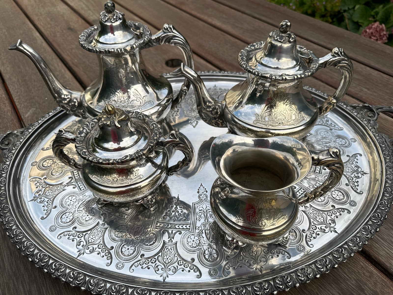 Antiek verzilverd theeservies met dienblad, Ophalen, Zilver