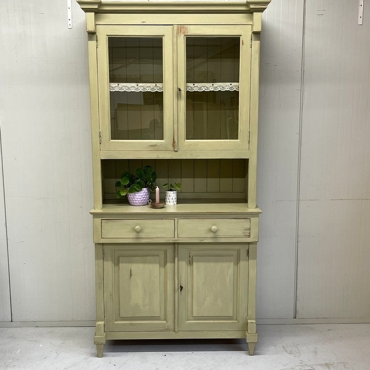 Landelijke brocante vintage buffetkast vitrine lindegroen, Ophalen, Gebruikt, 100 tot 150 cm, 200 cm of meer