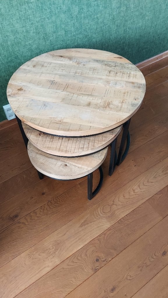 Set 3 salontafels - mangohout, Ophalen, Gebruikt, 50 tot 100 cm, Rond