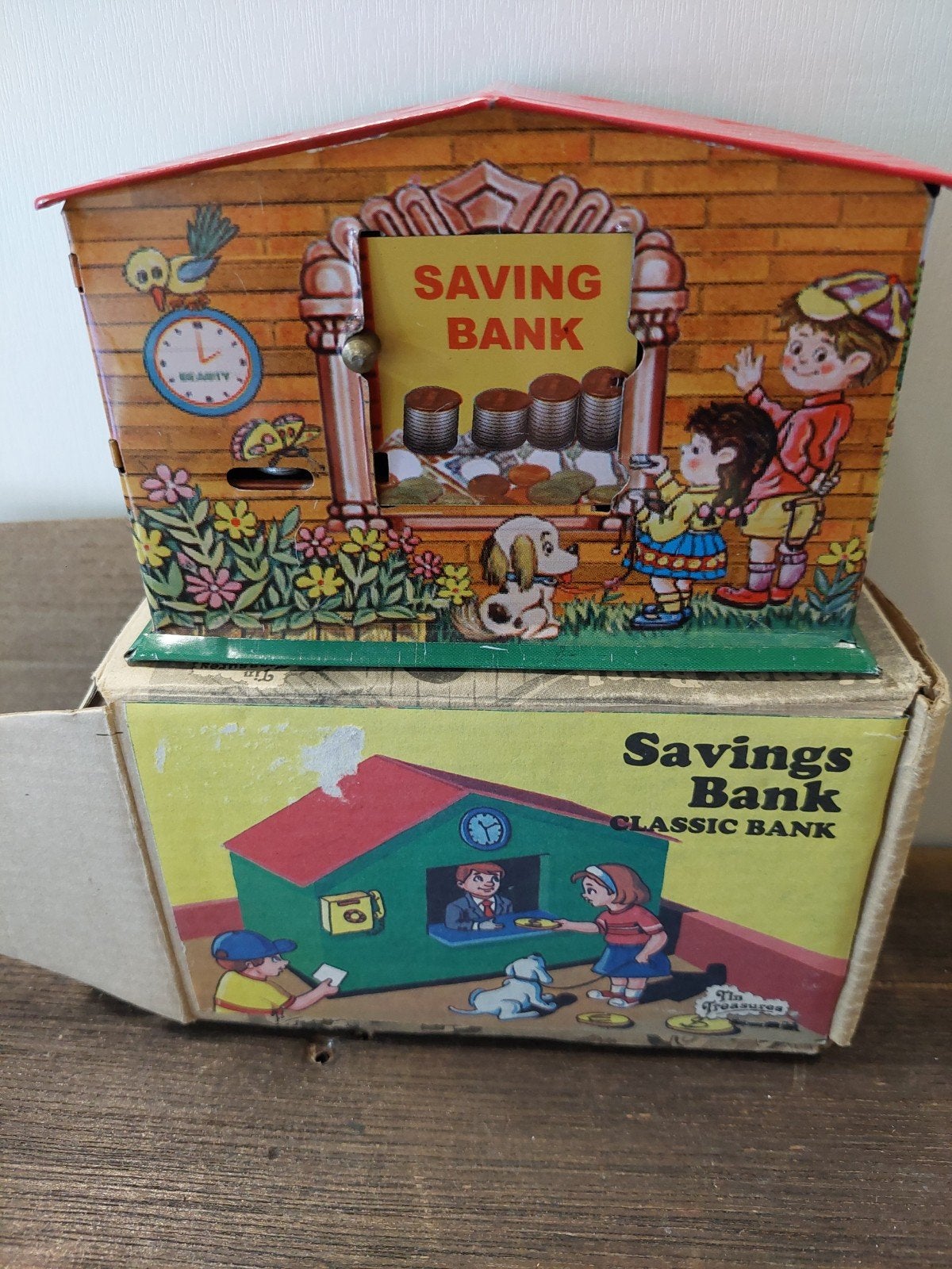 Vintage spaarpot huisje met originele doos, Tin Treasures, Nieuw, Ophalen of Verzenden, Metaal of Blik