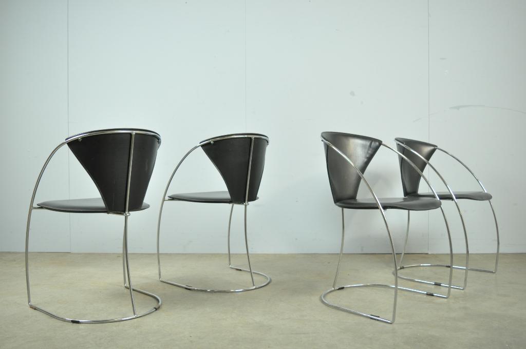 Vintage ARRBEN draadframe eettafelstoelen, Italie 1980s, Gebruikt, Zwart, Vier, Leer