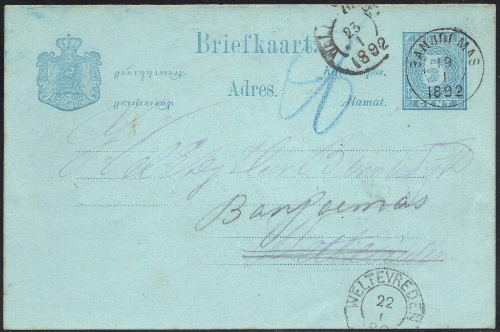 P003 Briefkaart Nederlands Indie Kleinrondstempel Banjoemas, Postzegels en Munten, Brieven en Enveloppen | Nederland, Ophalen of Verzenden