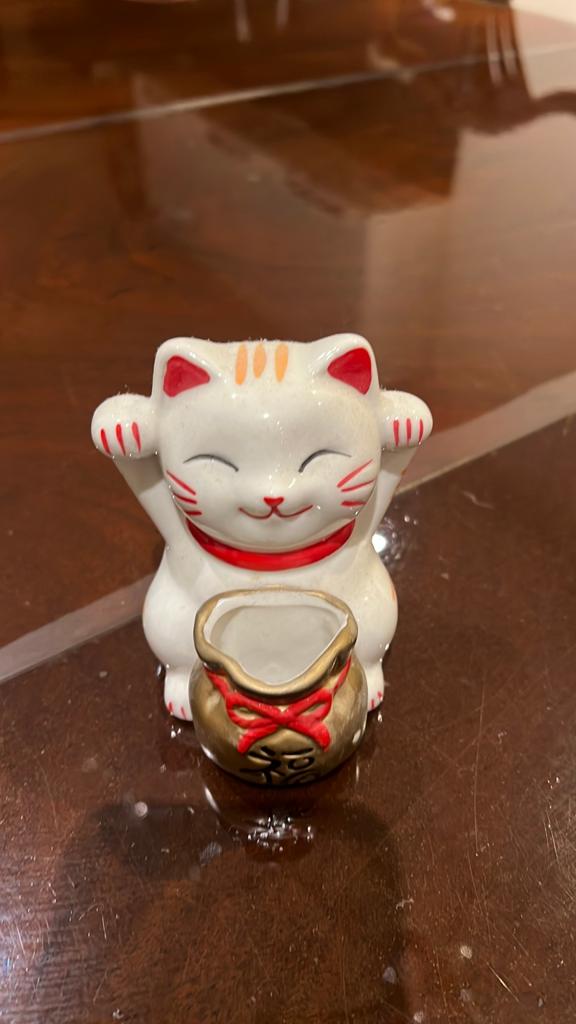 Maneki Neko Spaarpot - Gelukskatje met Geldzakje, Ophalen of Verzenden, Gebruikt, Steen, Aardewerk of Keramiek, Dier