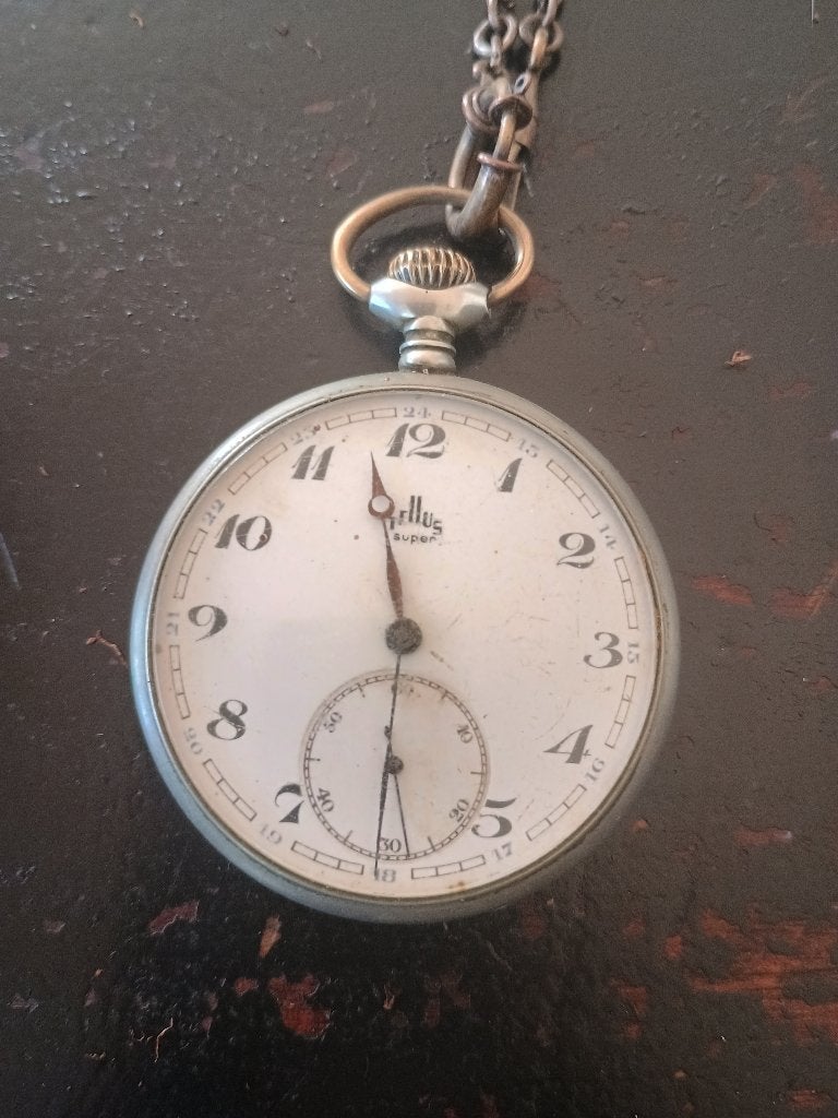 Tellus Super pocket watch -vintage, Sieraden, Tassen en Uiterlijk, Overige merken, Zakhorloge, Staal, 1900 tot 1930