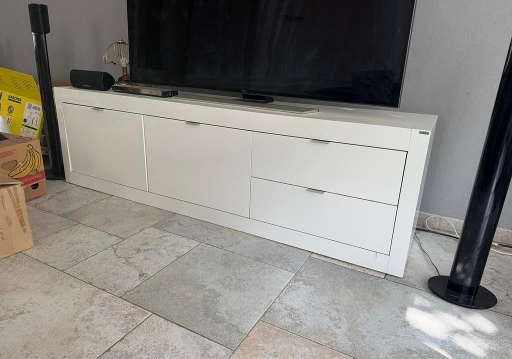Goossens hoogglans witte tv-kast met lades en deuren, Ophalen, Kunststof, Gebruikt, 150 tot 200 cm