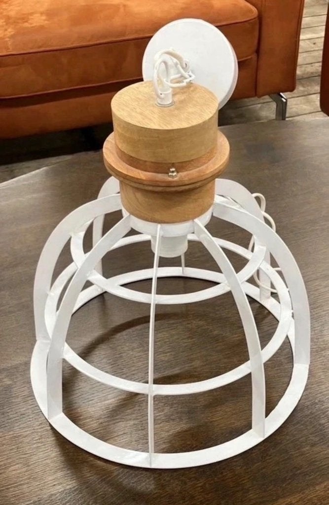 Hanglamp lampenkap Ingmar 1 Lichts Glans Wit Met Mangohout, Huis en Inrichting, Zo goed als nieuw, Industrieel scandinavisch, Hout