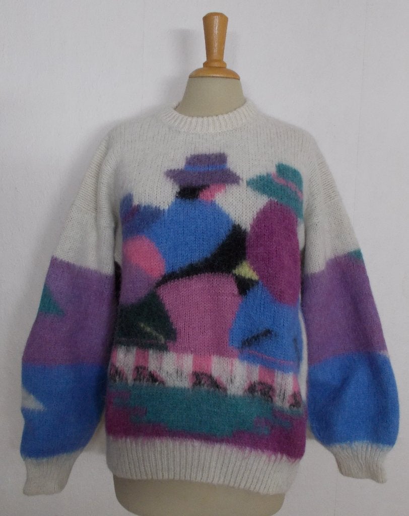 100% wollen Peru/Andes vrolijke print handgemaakte trui! M/L, Kleding | Dames, Verzenden, Zo goed als nieuw, Maat 38/40 (M), Meerkleurig