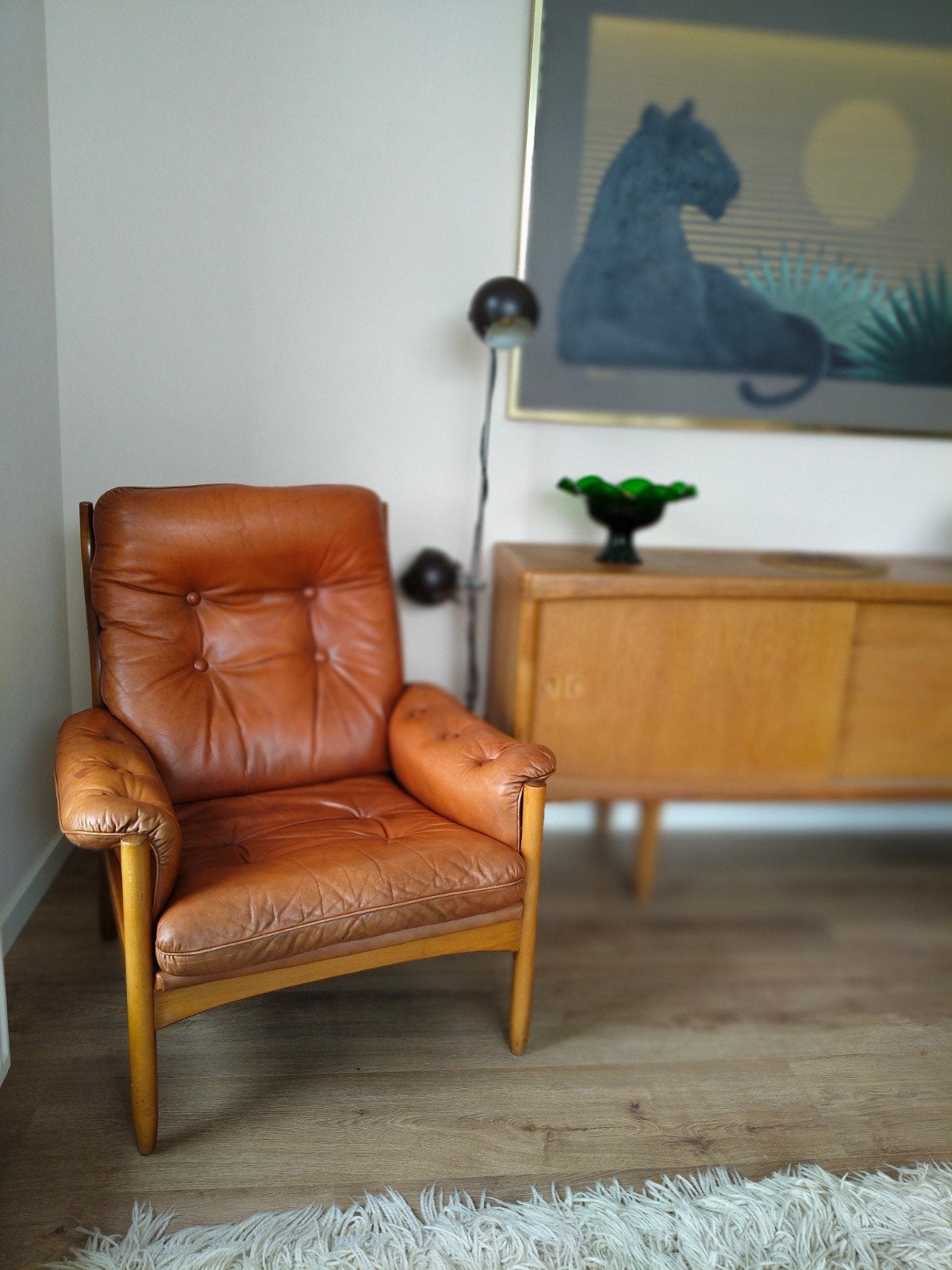 🟠 G-möbel fauteuil in cognac leer, Ophalen, Gebruikt, 75 tot 100 cm, Vintage, Scandinavisch design