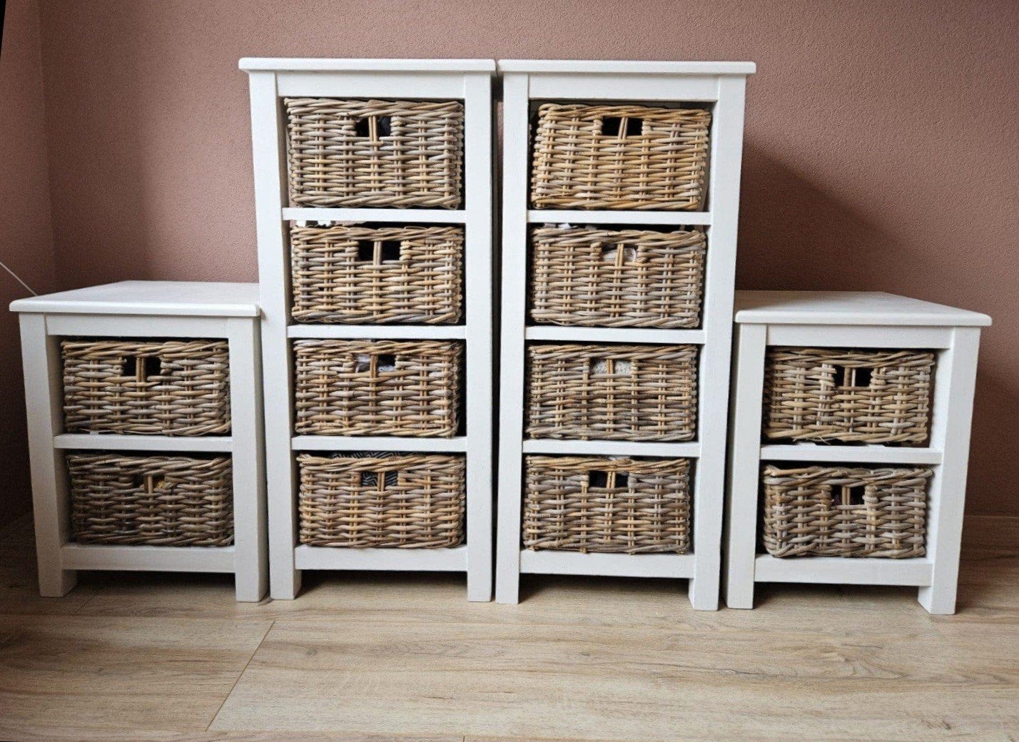 4 ladekasten - hout en rotan, Ophalen, Gebruikt, Minder dan 45 cm, 70 cm of meer