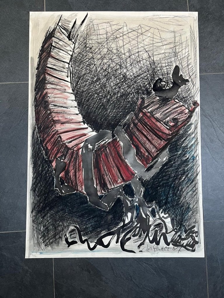 Adri a.c. De fluiter tekening schets 1987 100 cm schets, Antiek en Kunst, Kunst | Tekeningen en Foto's, Ophalen, Tekening