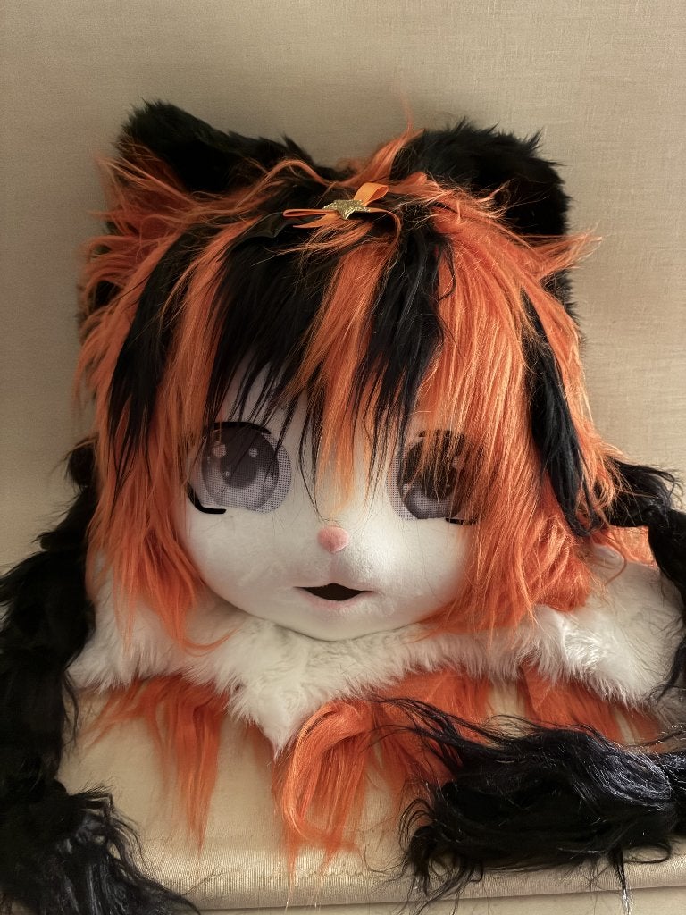 Oranje en Zwart Harige Kattenmasker/Fursuit Hoofd, Verzenden, Nieuw, Toneelattributen of Onderdelen